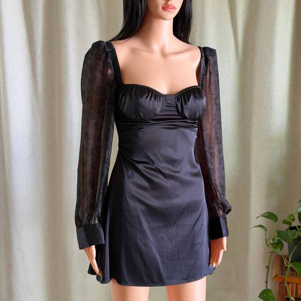 Danielle Bernstein WeWoreWhat Black Puff Sleeve Mini Dress Sz 0 Missing Buttons